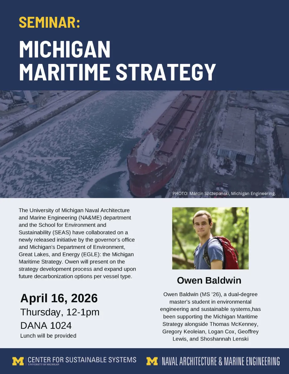 Flyer showing image of maritime transport vessel and presenter, Owen Baldwin. The description of the event is included here as well.