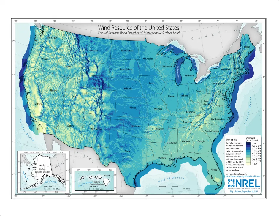 U.S. Wind Resources, Onshore and Offshore 80m