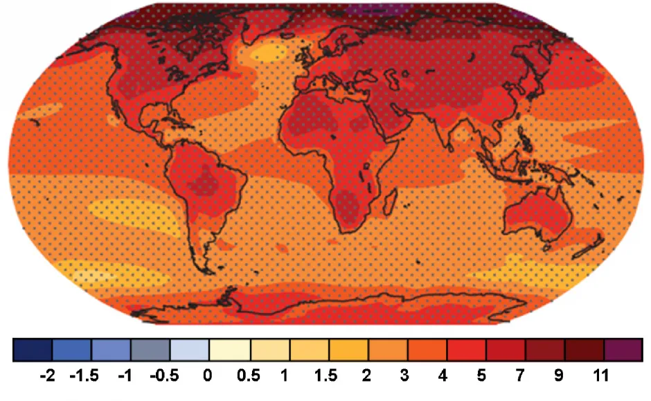 Прогнозируемое среднегодовое изменение температуры (oC) 2081–2100 гг. по сравнению с 1986–2005 гг.